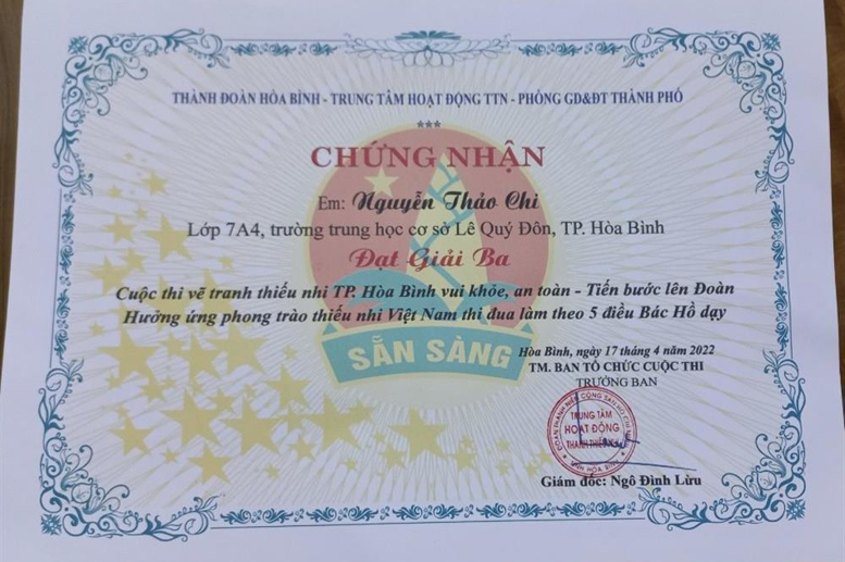 Em Nguyễn Thảo Chi lớp 7a4 đã giành giải Ba