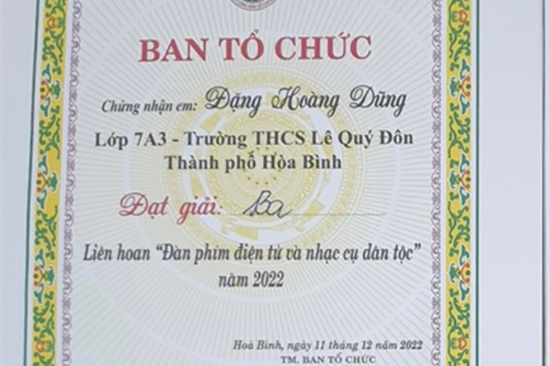 Chứng nhận đạt giải Ba của em Đặng Hoàng Dũng