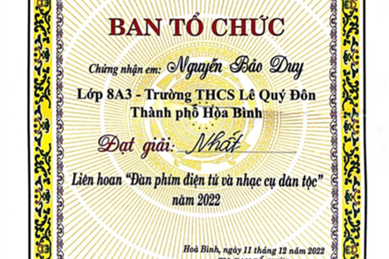 Chứng nhận đạt giải Nhất của em Nguyễn Bảo Duy