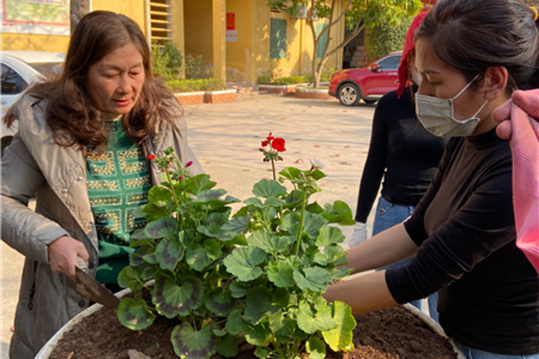 Cô Phạm Thị Hải Châu- Bí thư chi bộ - Hiệu trưởng nhà trường tham gia trồng cây cùng cán bộ giáo viên, học sinh
