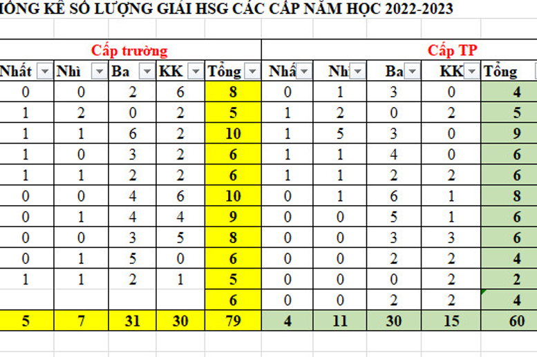 Thống kê số lượng giải HSG các cấp năm học 2022-2023