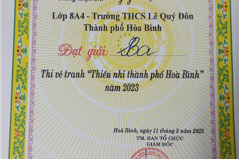 Chứng nhận đạt Giải Ba của em Nguyễn Thùy Chi lớp 8A4