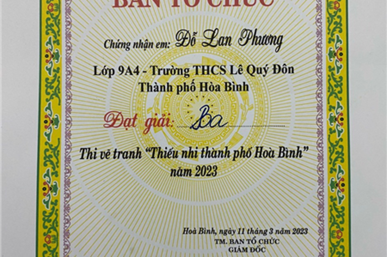 Chứng nhận đạt Giải Ba của em Đỗ Lan Phương lớp 9A4
