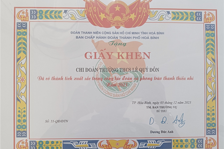 Thành tích xuất sắc của cá nhân đ/c Bùi Huy Hoàng và chi đoàn trường THCS Lê Quý Đôn