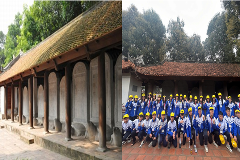 Học sinh tham quan khu bia tiến sĩ tại Văn Miếu