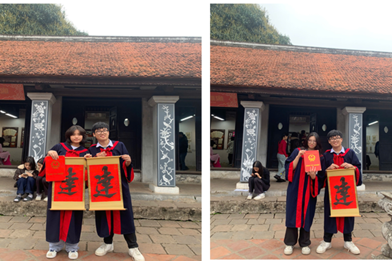 Học sinh trải nghiệm viết chữ Hán tại Văn Miếu