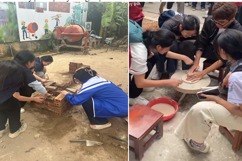 Học sinh trải nghiệm làm thợ xây, làm gốm